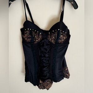 NWOT Black Bustier Corset with Gold Embroidery and lace detail